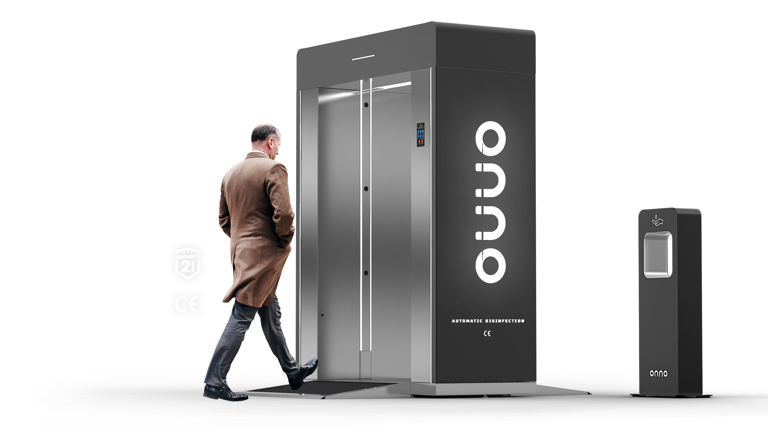 ONNO Smart Technology / Izgled dezinfekciong tunela, ONNO GATE, pogled sa strane. LED osvetljenej, logo kompanije ONNO Smart Technology. Materijal tunela Inox.